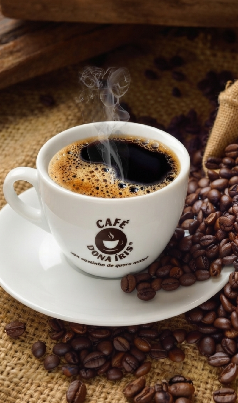 Xícara de café Dona Íris sobre grãos de café